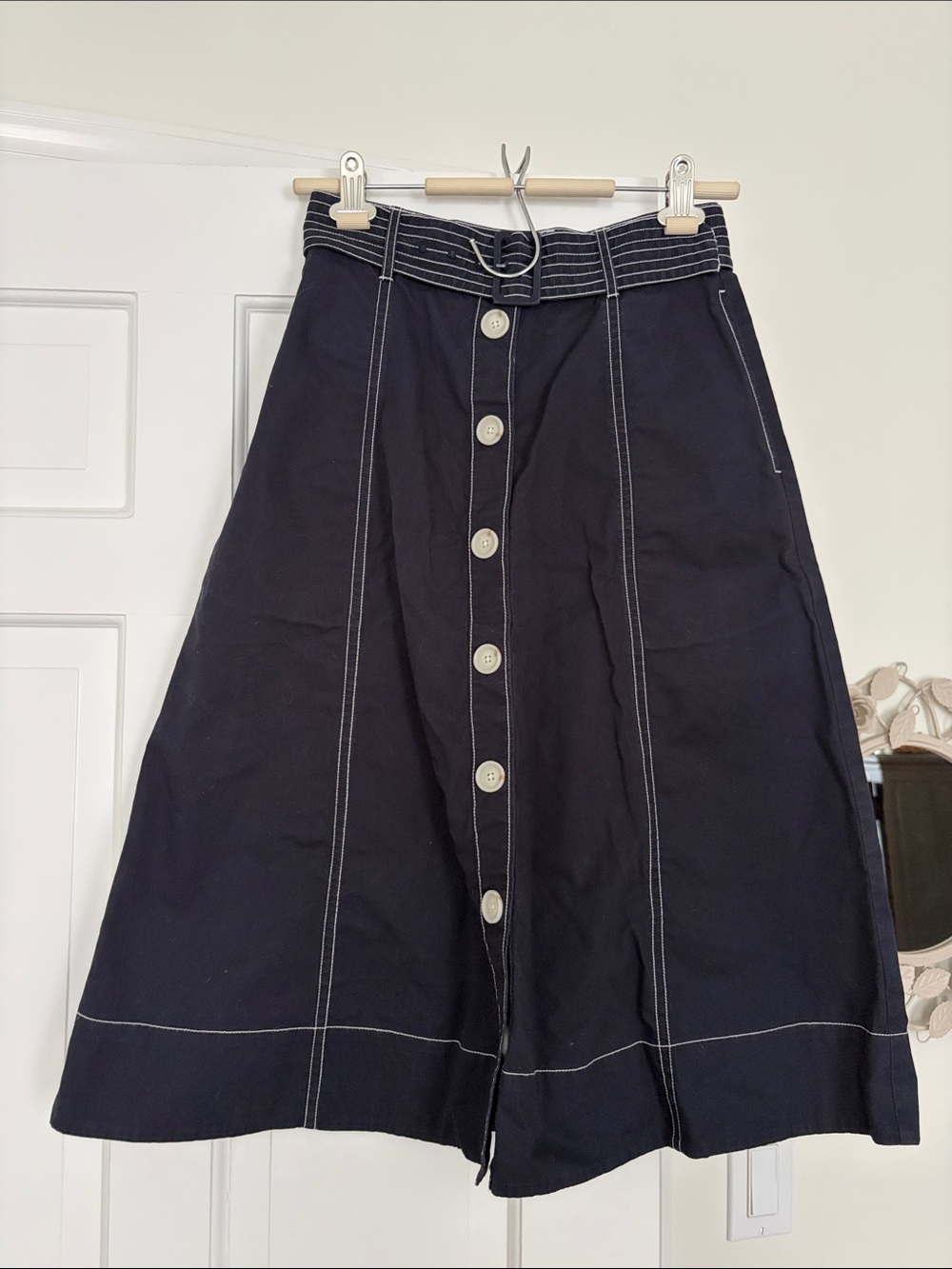Joie Navy A-Line Button-Front Skirt with Contrast Stitching